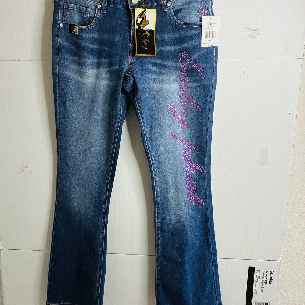 Baby Phat Medium Blue flare Jeans with Pink Rhinestone Script Size 7